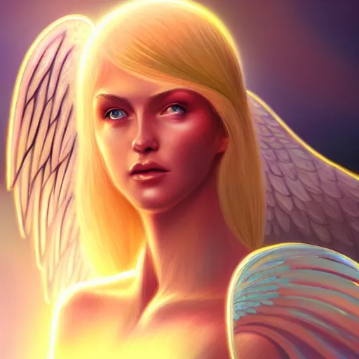 Image similar to Winged girl angel with blonde hair and glowing halo, iridescent, seraphim, fantasy, intricate, elegant, highly detailed, digital painting, artstation, concept art, smooth, sharp focus, illustration