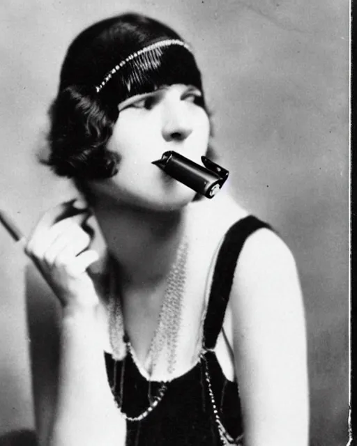 Prompt: 1 9 2 0 s photo of a beautiful flapper girl smoking a juul ecig vape