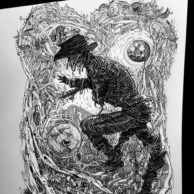 Prompt: black micron pen illustration, a sorcerer pondering an orb by ian miller, white background, inktober, highly detailed, artstation hd