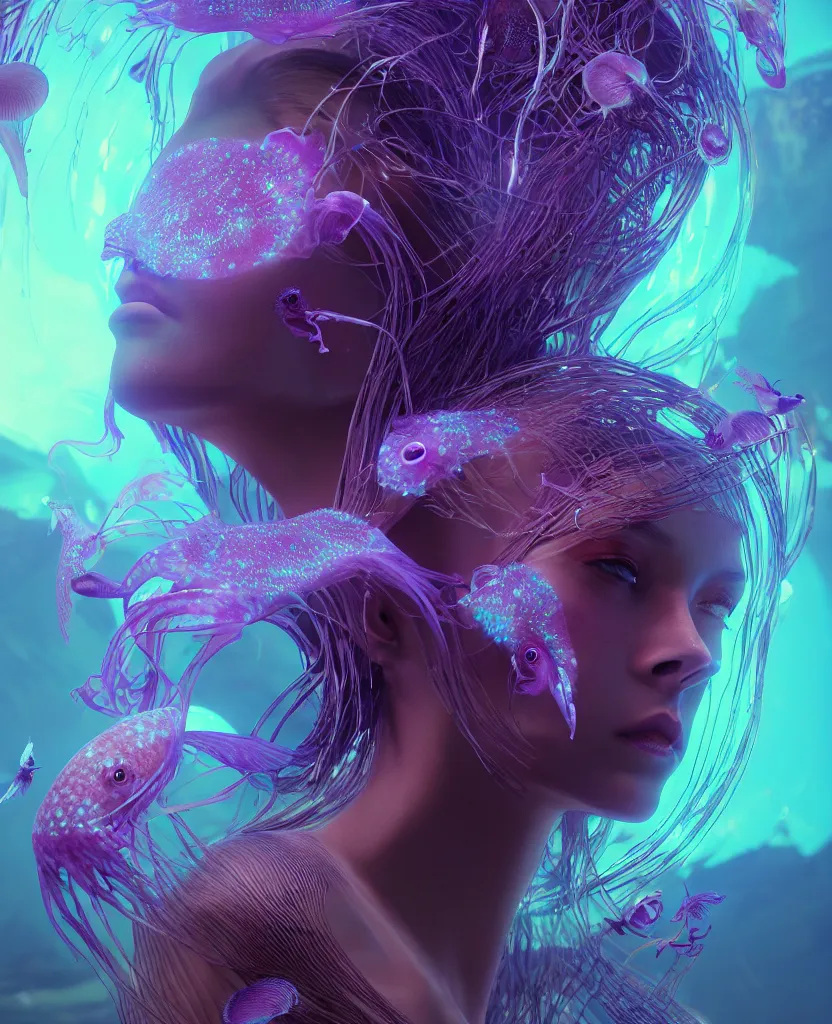 Image similar to goddess close-up portrait. colibri orchid jellyfish phoenix head, nautilus, skull, betta fish, bioluminiscent creatures, intricate artwork by Tooth Wu and wlop and beeple. octane render, trending on artstation, greg rutkowski very coherent symmetrical artwork. cinematic, hyper realism, high detail, octane render, 8k