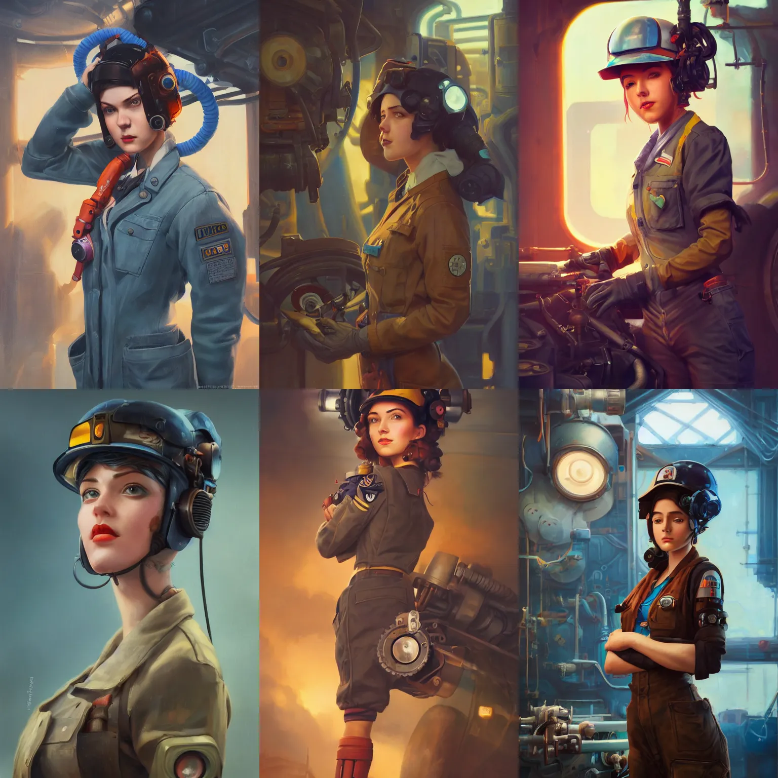 Prompt: a portrait of a cute female mechanic, dieselpunk setting, vivid colors, soft lighting, atmospheric, cinematic, moody, in the style of artgerm and greg rutkowski, oil on canvas, 8 k