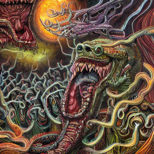 Image similar to a hyper - detailed high painting of giant heads joined by snakes, the heads are open they have spiked scales and sharp teeth, the mouth is open and monstrous beings of all kinds run and scream, psychedelic horror surreal art cosmic horror weird bizarre art