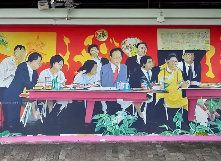 Image similar to Singapore prime ministers in a hawker centre, by Yip Yew Chong, street art