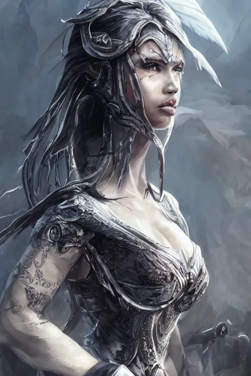 Image similar to 8K render! beautiful Adriana Lima in Skyrim MOD Angel Armor, wings wide opened , whole body heavily covered in elfish tattoos , intricate, elegant, highly detailed, digital painting, artstation, wallpaper!, concept art, smooth, sharp focus, high fantasy illustration, art by artgerm and Vasylina, and Peter Andrew Jones