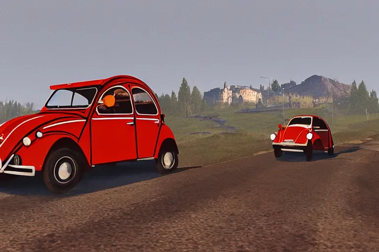 Prompt: red and black citroen 2 cv ( 1 9 6 5 ) driving across the rift, riften city in the background, epic fantasy, the elder scrolls v : skyrim, dramatic lighting, establishing shot, by simon stalenhag