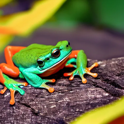 Prompt: photo orange and [ teal ] frog
