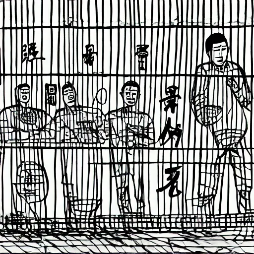 Prompt: chinese men in a prison, heart kidney lungs, in the style of daniel johnston and outsider art, 4k, minimal, line brush, overlaid with chinese adverts