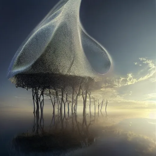 Image similar to Extremely detailed photo-realistic reflections of A Beautiful organic super structure emerging from crepuscular rays by erik johansson
