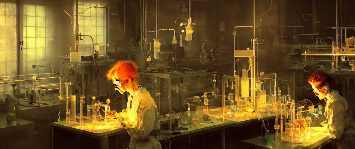 Prompt: portrait of marie curie extracting radium in laboratory - radioactive volumetric lighting - art, by wlop, james jean, victo ngai! muted colors, very detailed, art fantasy by craig mullins, thomas kinkade cfg _ scale 8