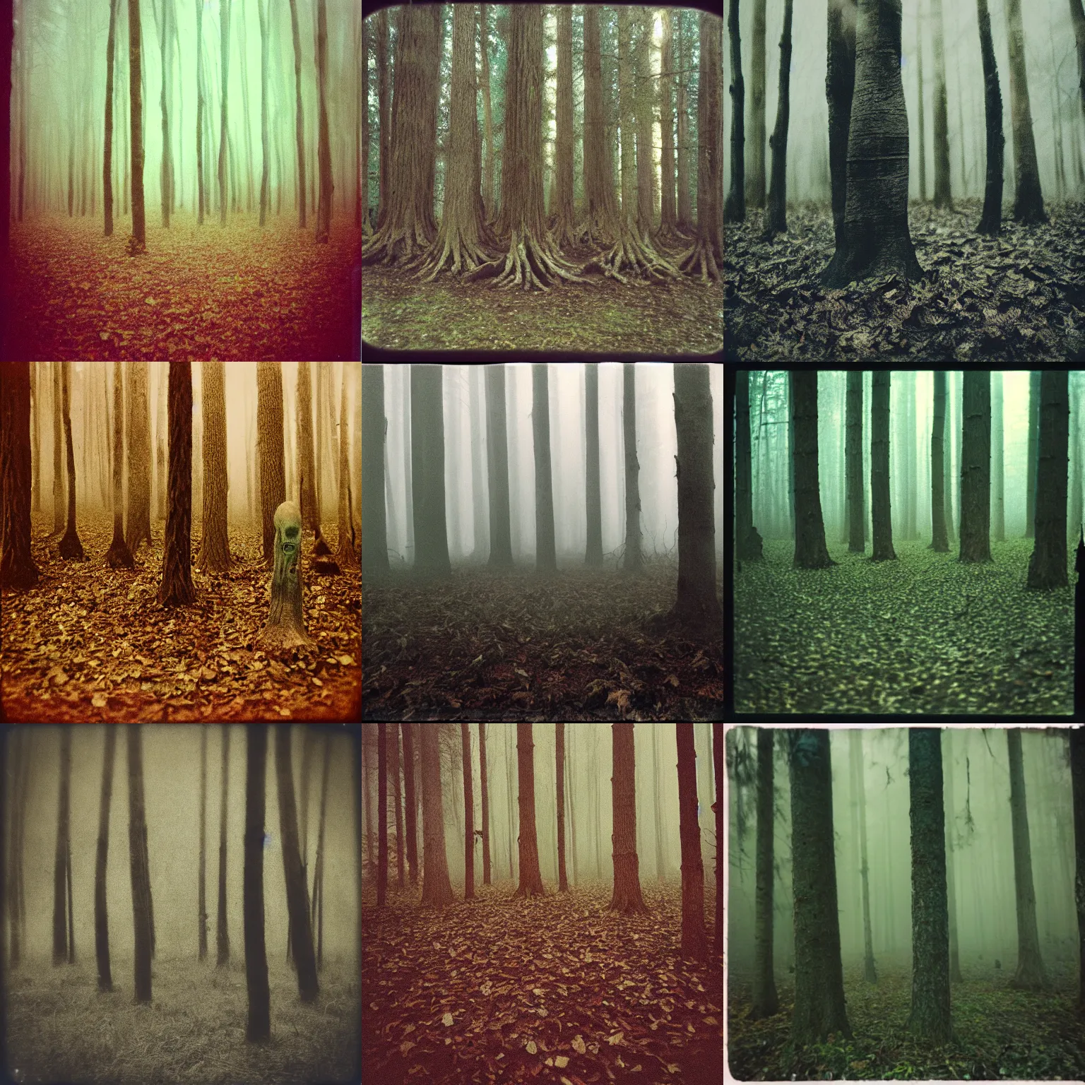 Prompt: a terrifying forest of trees eating mushrooms, distorted ominous creatures made of bark, liminal, foggy, low quality, shot on expired instamatic film
