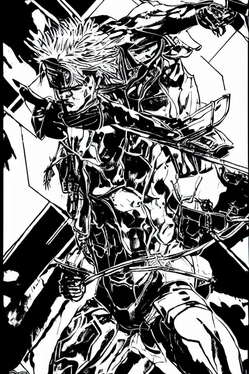 Prompt: raiden from metal gear rising, a page from cyberpunk 2 0 2 0, style of paolo parente, style of mike jackson, adam smasher, johnny silverhand, 1 9 9 0 s comic book style, white background, ink drawing, black and white, colouring pages