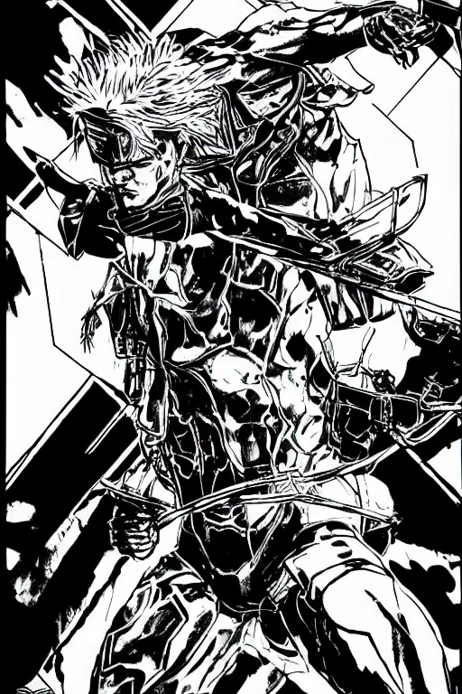 Image similar to raiden from metal gear rising, a page from cyberpunk 2 0 2 0, style of paolo parente, style of mike jackson, adam smasher, johnny silverhand, 1 9 9 0 s comic book style, white background, ink drawing, black and white, colouring pages