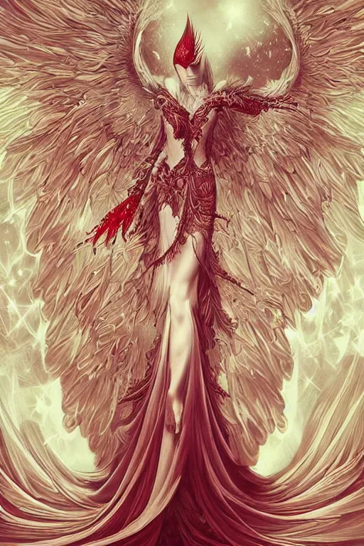 Prompt: Ethereal Cardinal bird with many wings, intricate detail, ornate, conceptual art, soft light, dynamic, art by artgerm