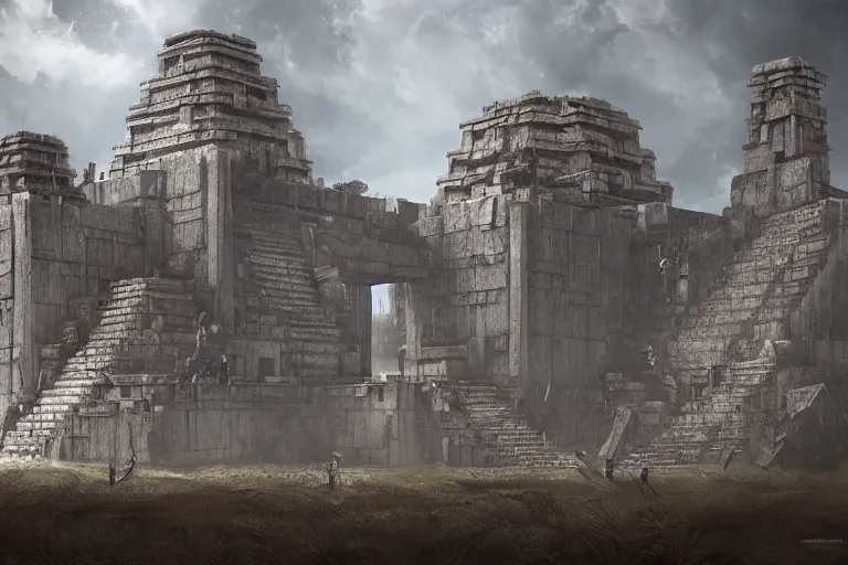 Image similar to brutalist Aztec architecture, tzompantli, feathers by Jessica Rossier and HR Giger