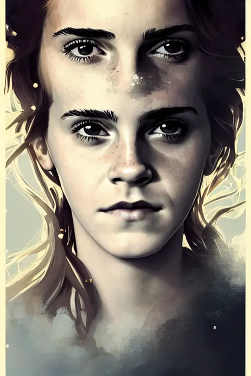 Image similar to Poster artwork, Emma Watson as Hermione Granger, fading!!!, dissolving!!! into light!!!, vanishing!!!, magnificent, medium shot, close up, details, sharp focus, elegant, highly detailed, illustration, by Jordan Grimmer and greg rutkowski and PiNe(パイネ) and 薯子Imoko and 香川悠作 and wlop!! and maya takamura, intricate, beautiful, Trending artstation, pixiv, digital Art