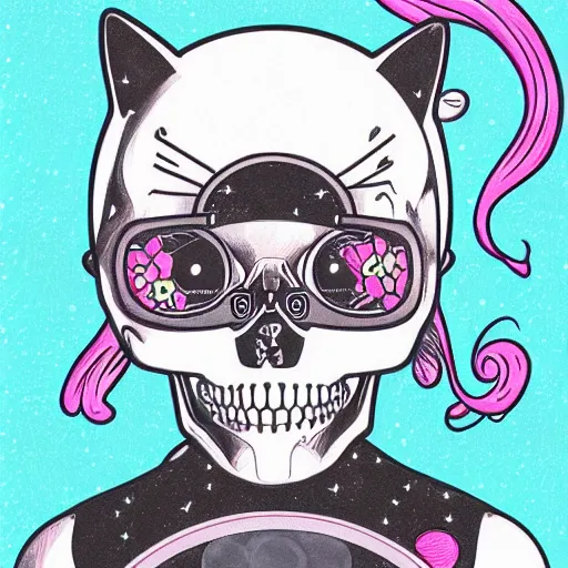 Image similar to manga skull portrait apes female astronaut profile skeleton hello Kitty kawaii illustration detailed style by Alphonse Mucha pop art nouveau