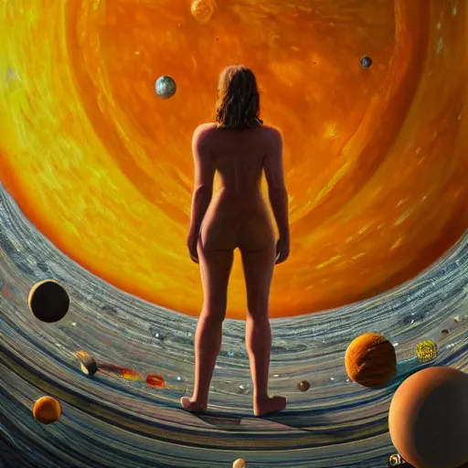 Prompt: giant woman as big as the sun, standing in the solar system, oil on canvas, intricate, 8k highly professionally detailed, HDR, CGsociety