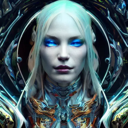 Prompt: beautiful female evil cyborg druid android queen, made of glass, bright glowing veins, in clouds, ultra realistic, concept art, intricate details, serious, highly detailed, photorealistic, octane render, 8 k, unreal engine, art by todd mcfarlane and artgerm and greg rutkowski and alphonse mucha