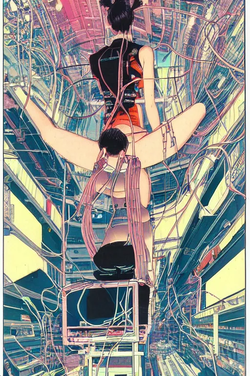 Image similar to an awe inspiring 1980s japanese cyberpunk anime style illustration of an android girl seated on the floor in a tech labor, seen from the side with her back open showing cables and wires coming out, by masamune shirow and katsuhiro otomo, studio ghibli color scheme, dark, complex