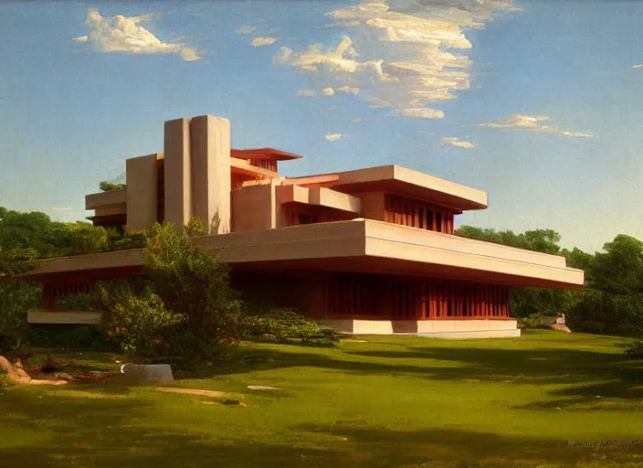 Image similar to painting of a frank lloyd wright house in cape cod by thomas cole