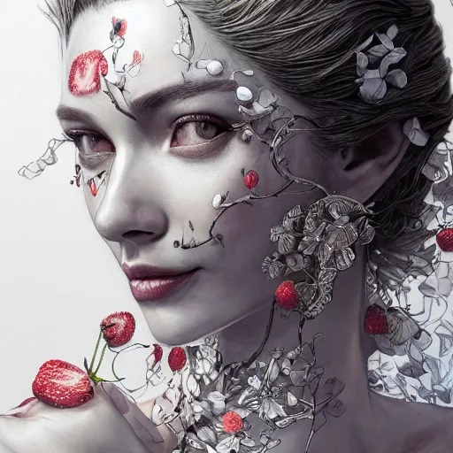 Image similar to the face of an absurdly beautiful, graceful, elegant, sophisticated mature woman of strawberries and white petals with tears, an ultrafine hyperdetailed illustration by kim jung gi, irakli nadar, intricate linework, bright colors, octopath traveler, final fantasy, unreal engine 5 highly rendered, global illumination, radiant light, detailed and intricate environment