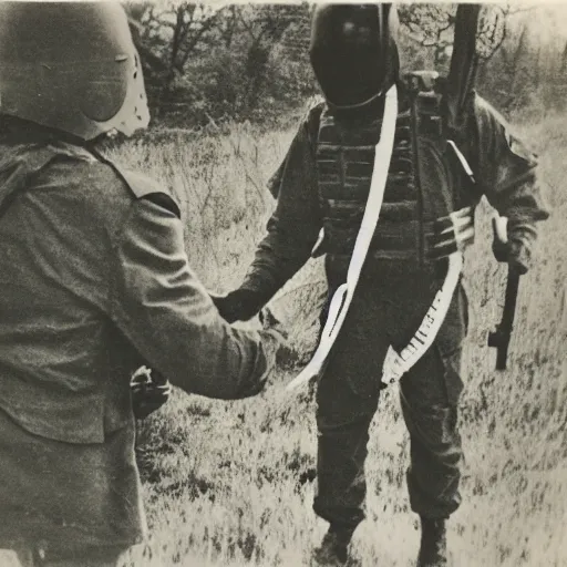 Image similar to old polaroid depicting a handshake between a us military general and a grey alien, at a clearing, at dusk
