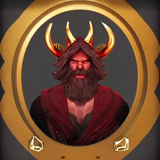 Image similar to dnd render of a man, red, a big black beard, golden eyes, 2 curved horns, one broken horn,