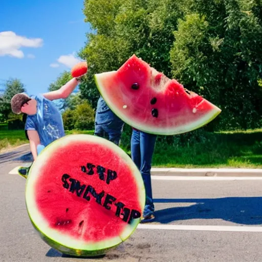 Prompt: a watermelon smashing against a stop sign. Watermelon bits flying everywhere.