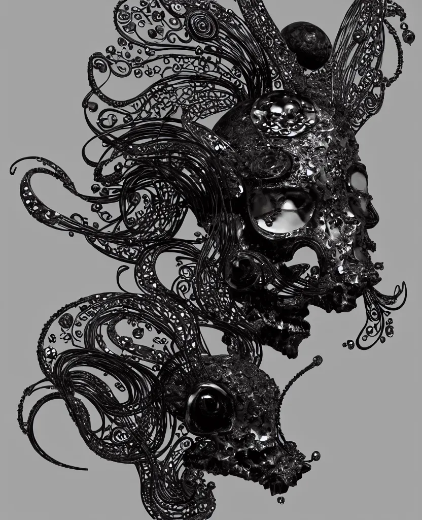 Image similar to goddess princess face close-up portrait ram skull. sculpture made of black and dichroic. jellyfish phoenix head, nautilus, orchid, skull, betta fish, bioluminiscent creatures, intricate artwork by Tooth Wu and wlop and beeple. octane render, trending on artstation, greg rutkowski very coherent symmetrical artwork. cinematic, hyper realism, high detail, octane render, 8k
