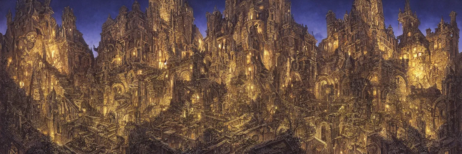 Prompt: an ancient medieval cityscape with ornate stone architecture at night by rodney matthews, michael whelan and michael kaluta, extremely hyperdetailed, intricate, ramparts, buklwarks, castle