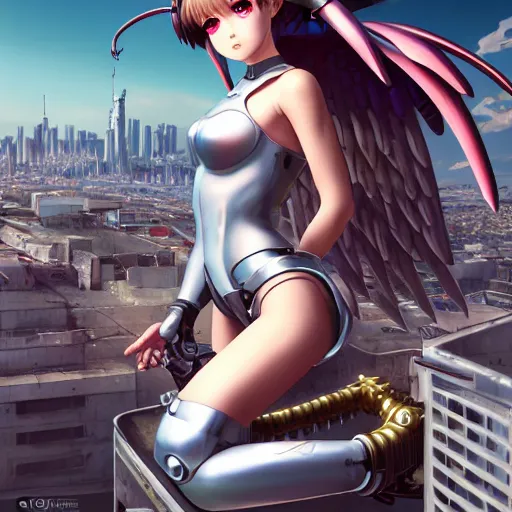 Image similar to cute cyborg - angel girl with large angelic wings standing on the edge of a rooftop overlooking a apocalyptic city, left eye gold and right eye silver, biomechanical details, bionic cyborg implants, digital cyberpunk - anime art, full body shot, wlop, ilya kuvshinov, artgerm, krenz cushart, greg rutkowski