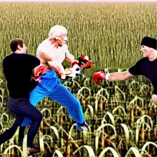 Image similar to rocky balboa punching joe biden in the middle of a corn maze