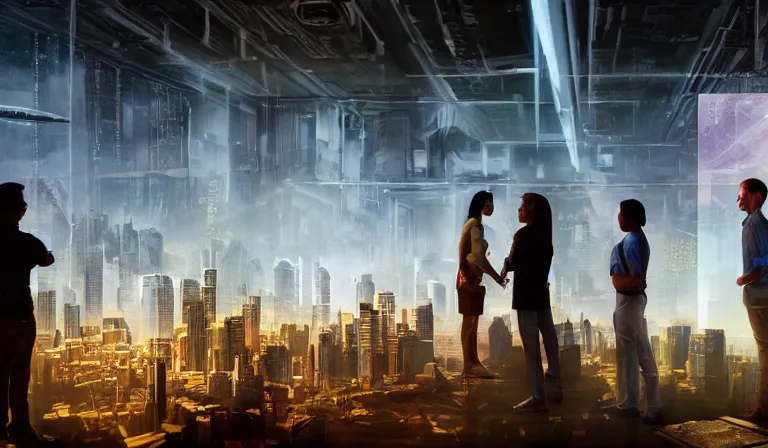 Image similar to group of people in bare walled warehouse, looking at hologram of futuristic city on a table, cinematic concept art, godrays, golden hour, natural sunlight, 4 k, clear details, tabletop model buildings, center model buildings, hologram center, crane shot, crane shot, crane shot