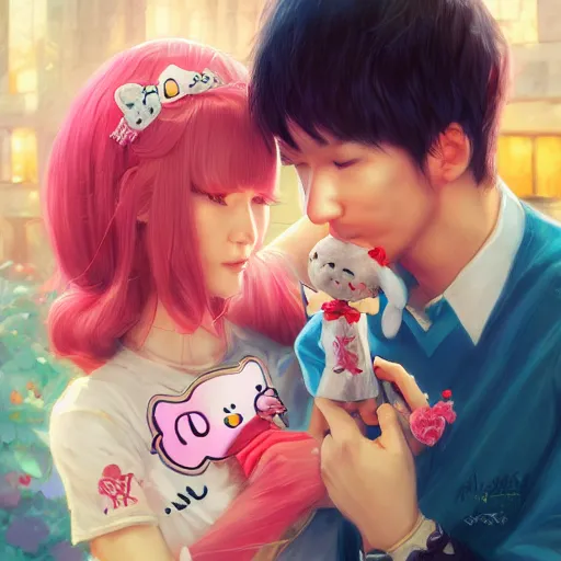 Image similar to Couple in love, hello kitty theme, by Stanley Artgerm Lau, WLOP, Rossdraws, James Jean, Andrei Riabovitchev, Marc Simonetti, Yoshitaka Amano, ArtStation, CGSociety,