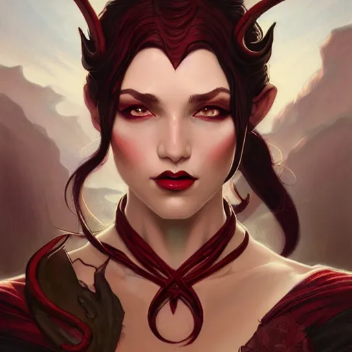 Prompt: an epic fantasy comic book style portrait painting of a teifling rouge with medium long dark hair, d & d, fantasy, intricate, elegant, highly detailed, digital painting, artstation, concept art, matte, sharp focus, illustration, art by artgerm and greg rutkowski and alphonse mucha