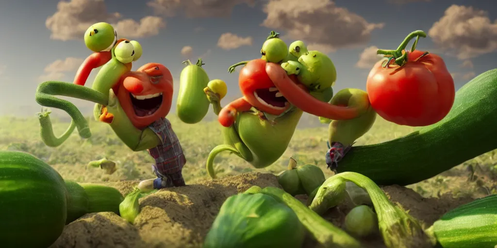 Image similar to detailed 3 d render of a zucchini character hunting after a tomato character, high speed chase, dramatic scene, hyper realistic octane render, cinematic lighting, deviantart, pop - surrealism, lowbrow, frame from pixar movie