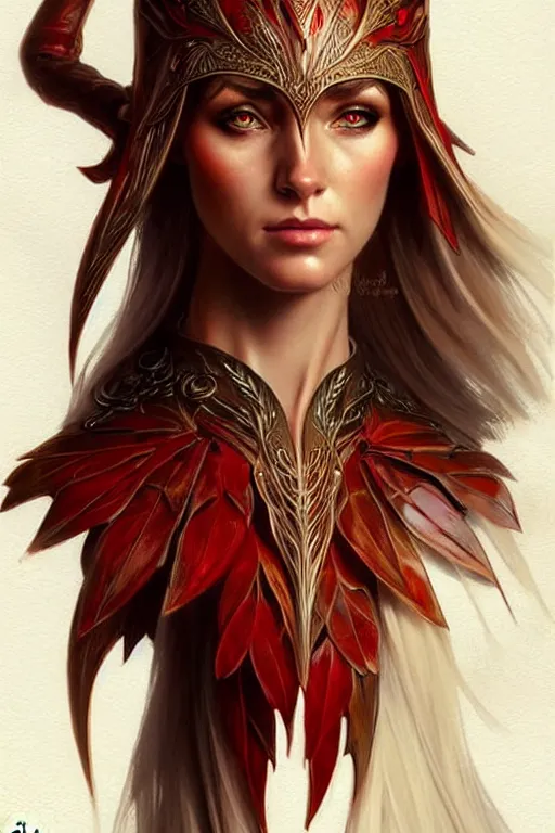 Image similar to female elven hunter armor made of red leaves, fantasy, amber eyes, face, long hair, intricate, elegant, highly detailed, digital painting, artstation, concept art, smooth, sharp focus, illustration, art by artgerm and greg rutkowski and alphonse mucha