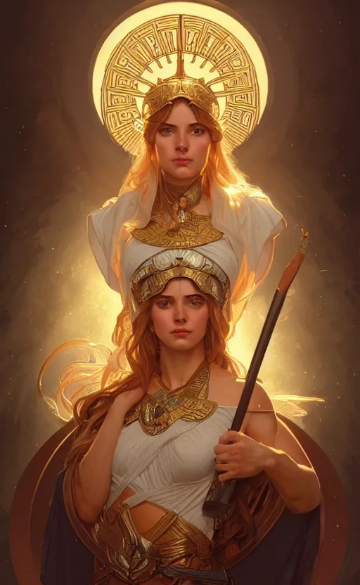 Image similar to portrait of the goddess athena, greek mythology, intricate, headshot, highly detailed, digital painting, artstation, concept art, sharp focus, cinematic lighting, illustration, art by artgerm and greg rutkowski, alphonse mucha, cgsociety