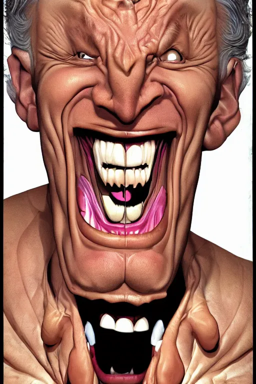 Image similar to digital portrait of a laughing psychotic man by brian bolland, rachel birkett, alex ross, and neal adams | centered, deviantart, artgerm