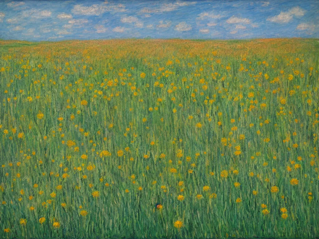 Image similar to a field of dandelions blowing in the wind, in the style of monet