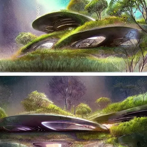 Image similar to beautiful happy picturesque charming sci - fi organic pod - like homes of the future in a beautiful natural scene. water, trees and rocks. beautiful light. soft colour scheme. beautiful artistic detailed watercolor by lurid. ( 2 0 2 2 )