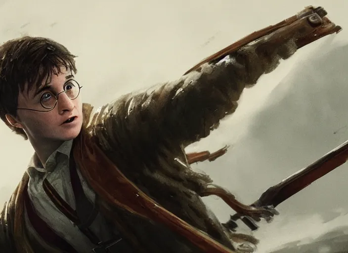 Prompt: close up cinematic artwork of Harry Potter staring down the enemy on the battlefield by Greg Rutkowski, 4k, masterpiece