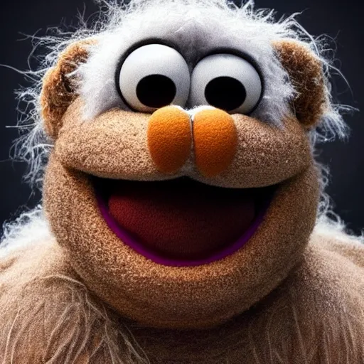 Image similar to a still of a forgotten muppet character looking very manly and modern, hilarious, laughing, hairy chest, huge chin, manly monster tough guy, roughled fur, photo real, photographic, photograph, artstation, trending, featured