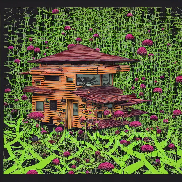 Image similar to tiny house by kengo kuma on island sea cloud surreal art by geof darrow jason naylor, very coherent, sharp, colorful high contrast, dark shadows, hard lighting, floralpunk flower green plants garden, inking etching screen print, hd, 8 k hyper detailed, octane render