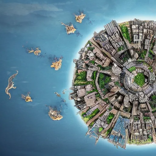 Image similar to Large Fantasy City in the middle of an island in the ocean, concept art, matte painting, birds eye view, city plans