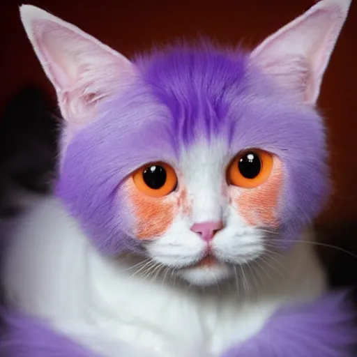 Image similar to orange cat, with his hair died purple to look like the cheshire cat, photo