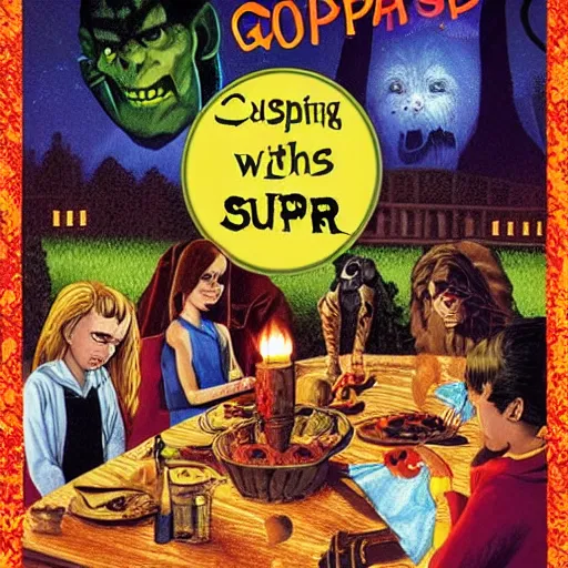 Image similar to goosebumps book cover, werewolf at supper, r l stine