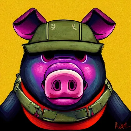 Image similar to hambo pig version of rambo, colourful digital painting drawn by RossDraws - W 1024
