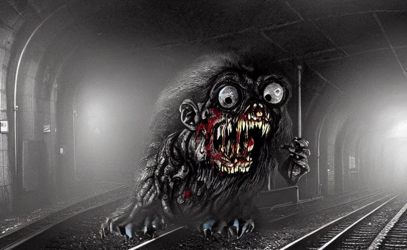 Prompt: very large giant mutant zombie irradiated ( angry rat ) staying on railways in tonnel of moscow subway. tonnel, railways, giant angry rat, furr, fangs, claws, very realistic. fog, extreme long shot, herman nitsch, giger.