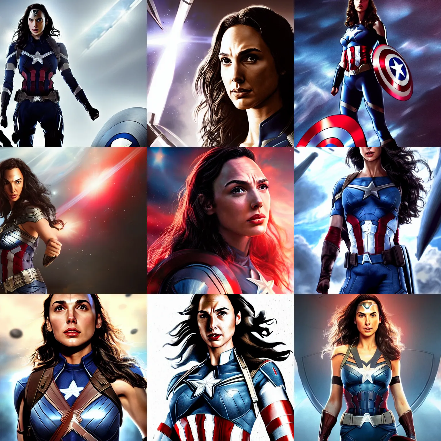 Prompt: photorealistic art of gal gadot as captain america, dynamic lighting, space atmosphere, hyperrealism, stunning visuals